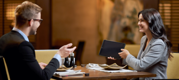 business man and woman chatting