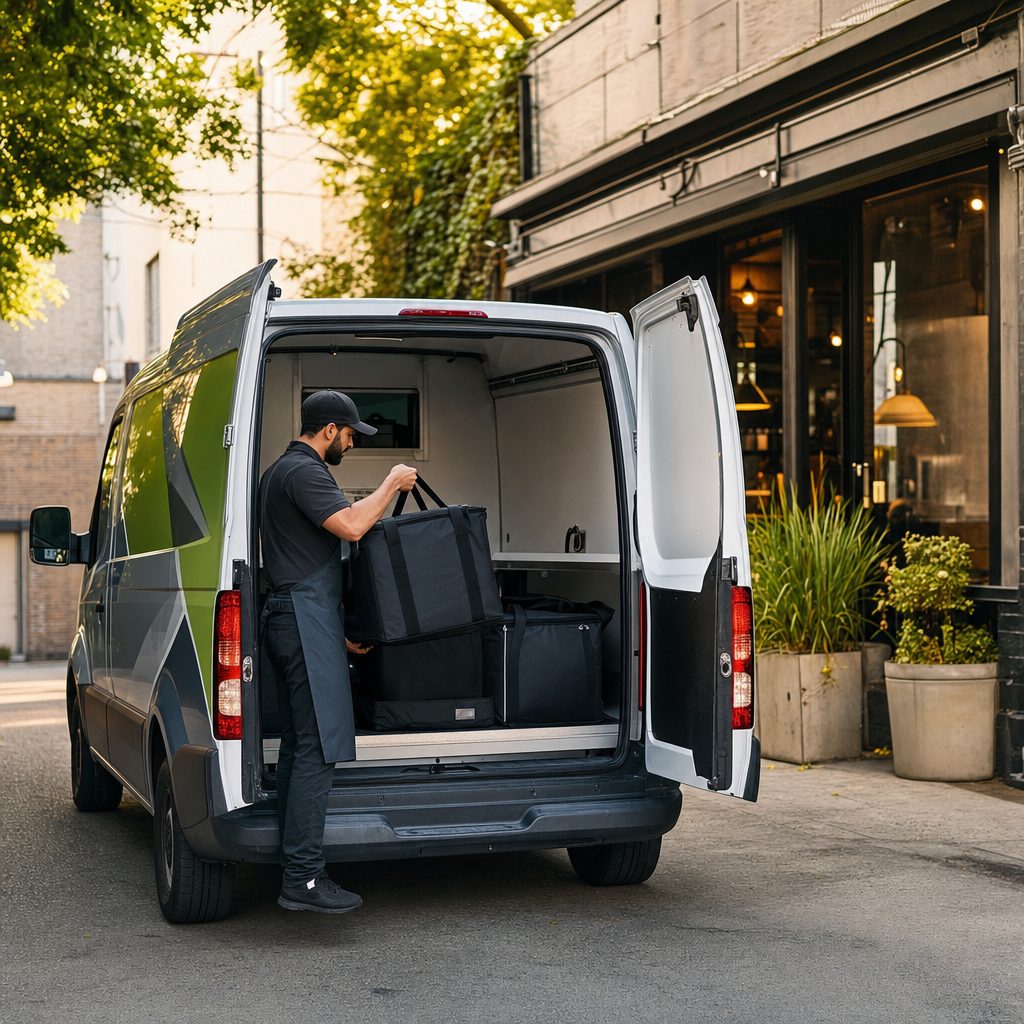 Delivery driver loading insulated food bags into a catering van outside a restaurant