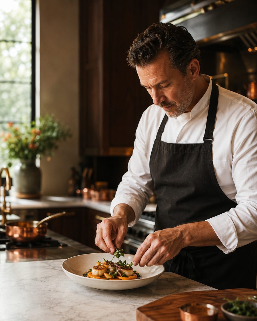 Personal chef plating a gourmet dish with fresh herb garnish in an upscale home kitchen